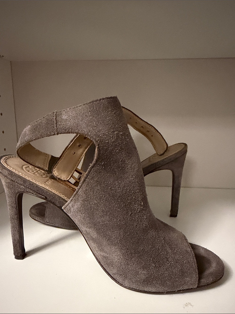 Tory Burch Gray Taupe Suede Open-Toe Mule Heels